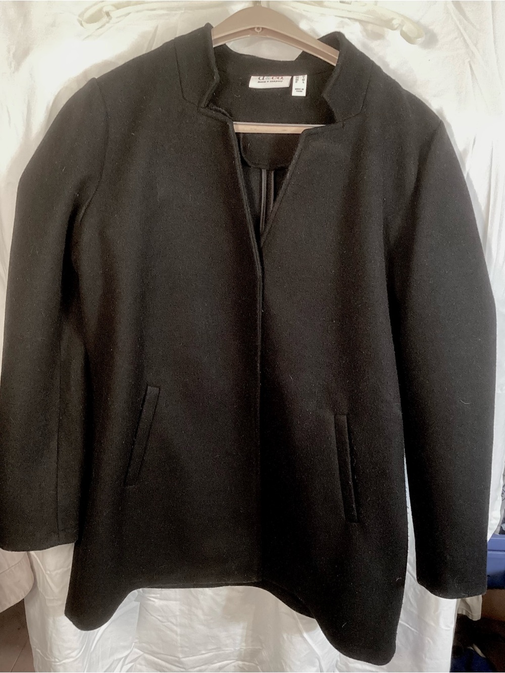 Collarless Black Wool Pea Coat